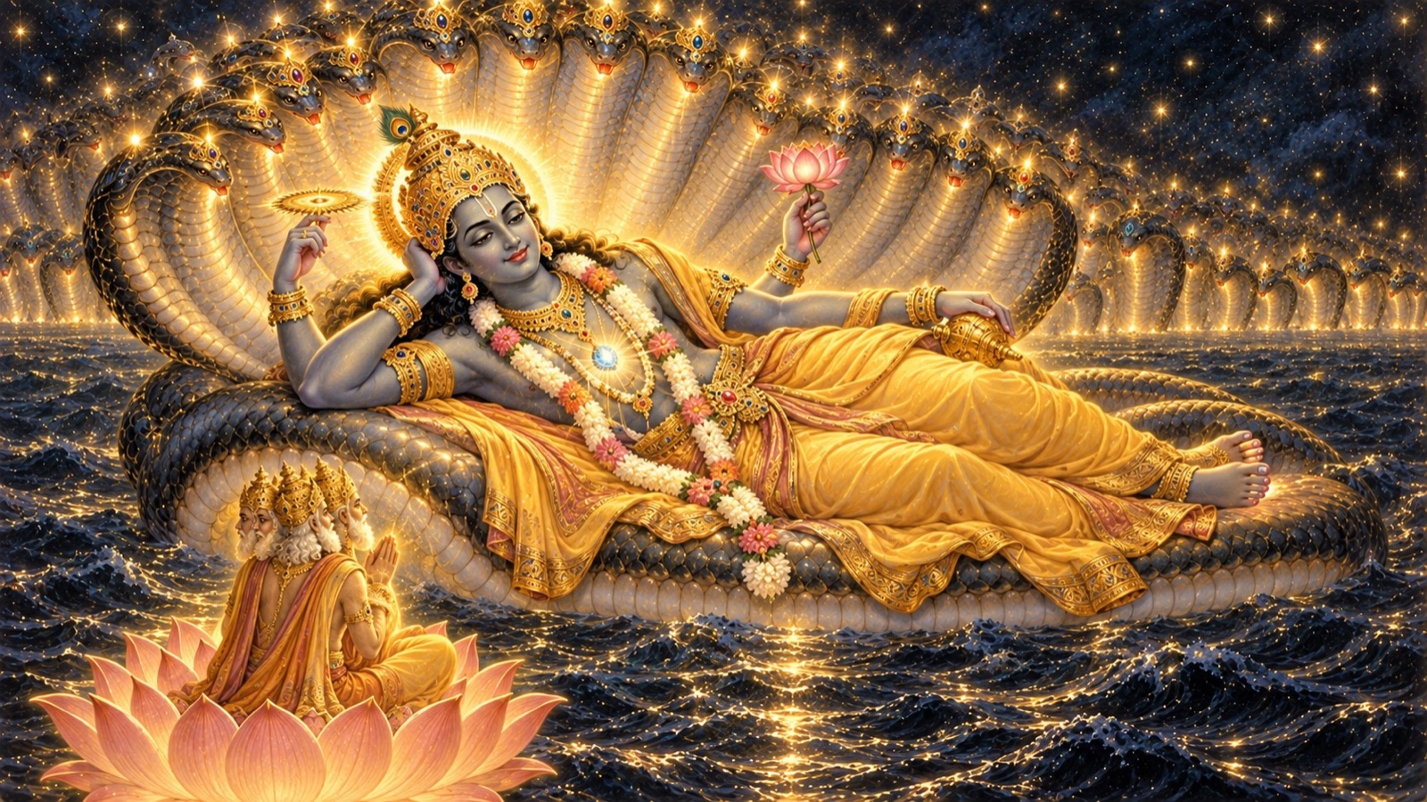 The full splendour of Lord Narayana reclining on Sesa, crowned in gold and garlanded with forest flowers