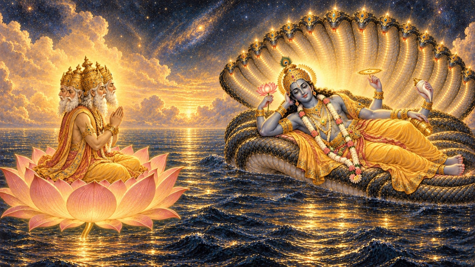 Brahma fixing his mind on the Lord and beginning to extol Him before the work of creation