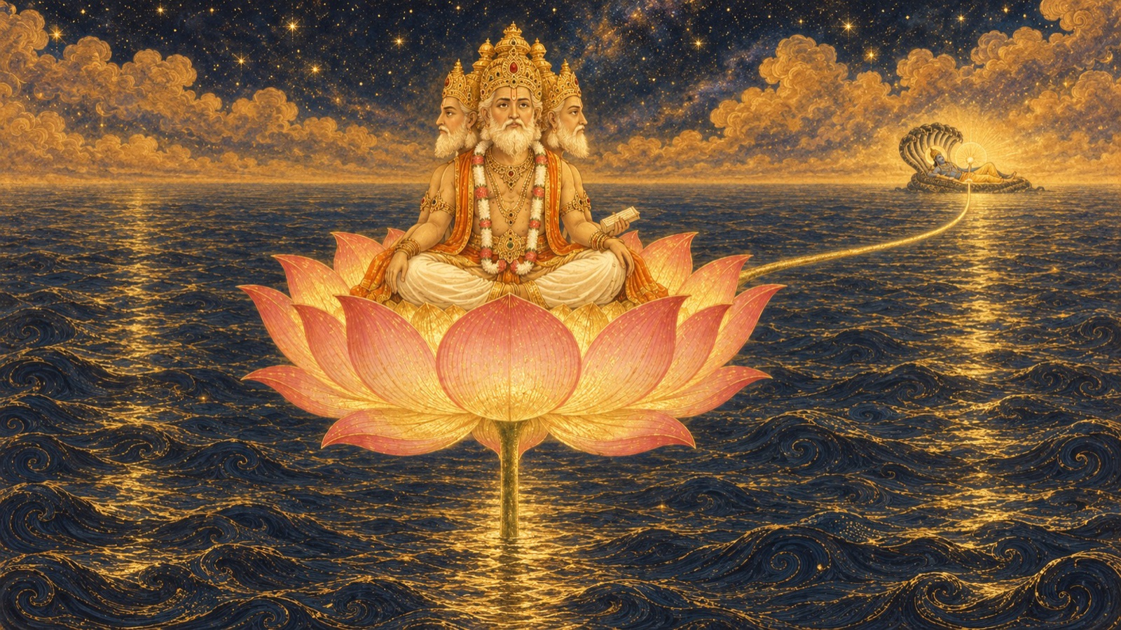 Brahma seated on the lotus emerging from the navel of the sleeping Lord Vishnu on the causal waters