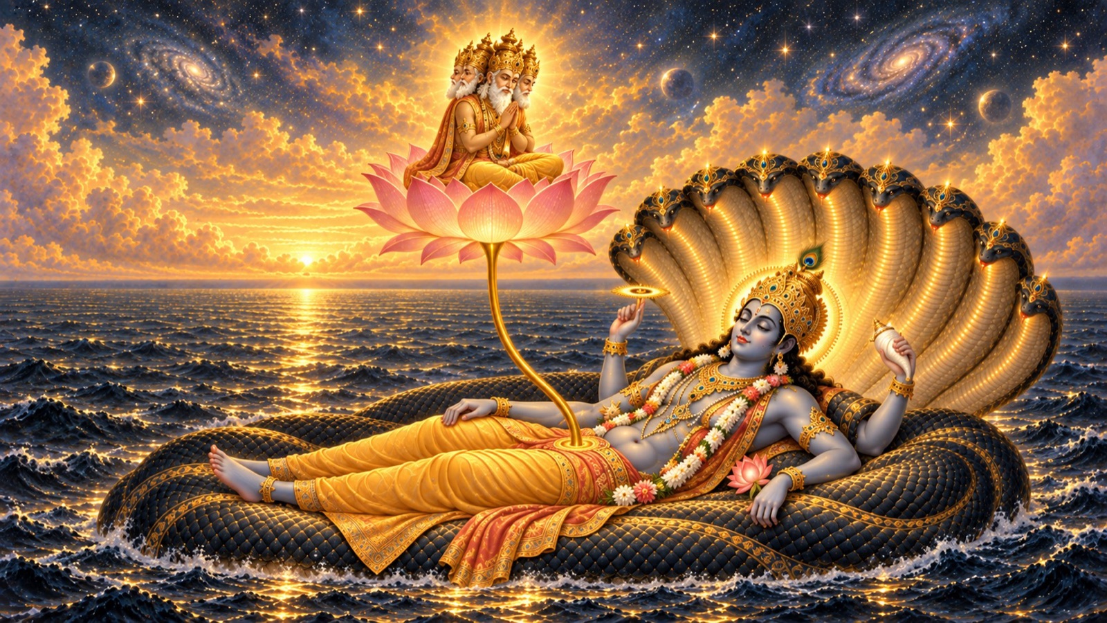 Brahma newly seated on the navel-lotus, beholding the Lord and confessing he has only now come to know Him