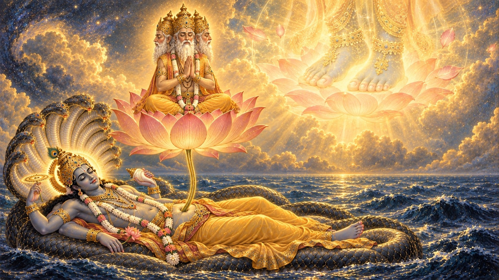 Brahma with hands folded in devotion, meditating on the refuge found at the Lord's feet