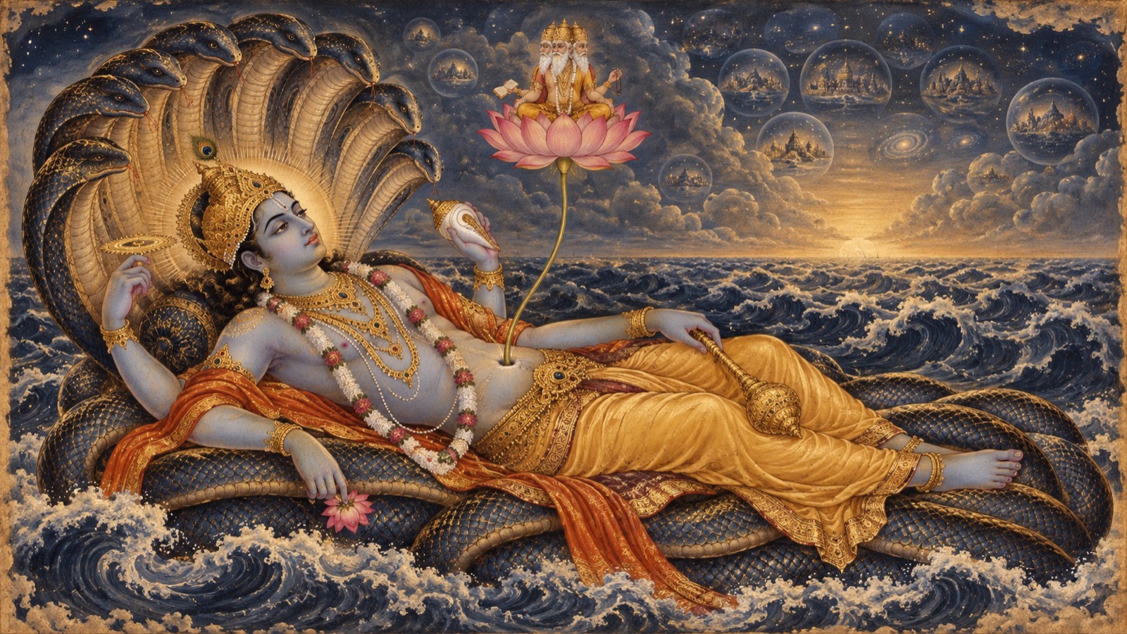 The Lord reclining in yogic sleep on the serpent Sesa amid the causal waters, with Brahma on the navel-lotus