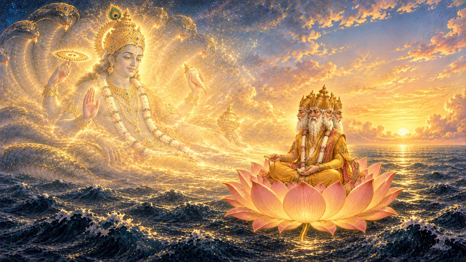 The Lord withdrawing His personal form as Narayana, leaving Brahma alone on the lotus