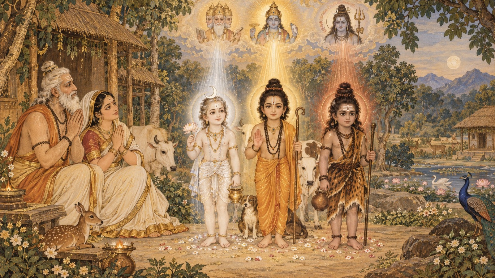 The three divine sons of Atri and Anasuya — Soma the moon-god, Dattatreya, and Durvasa