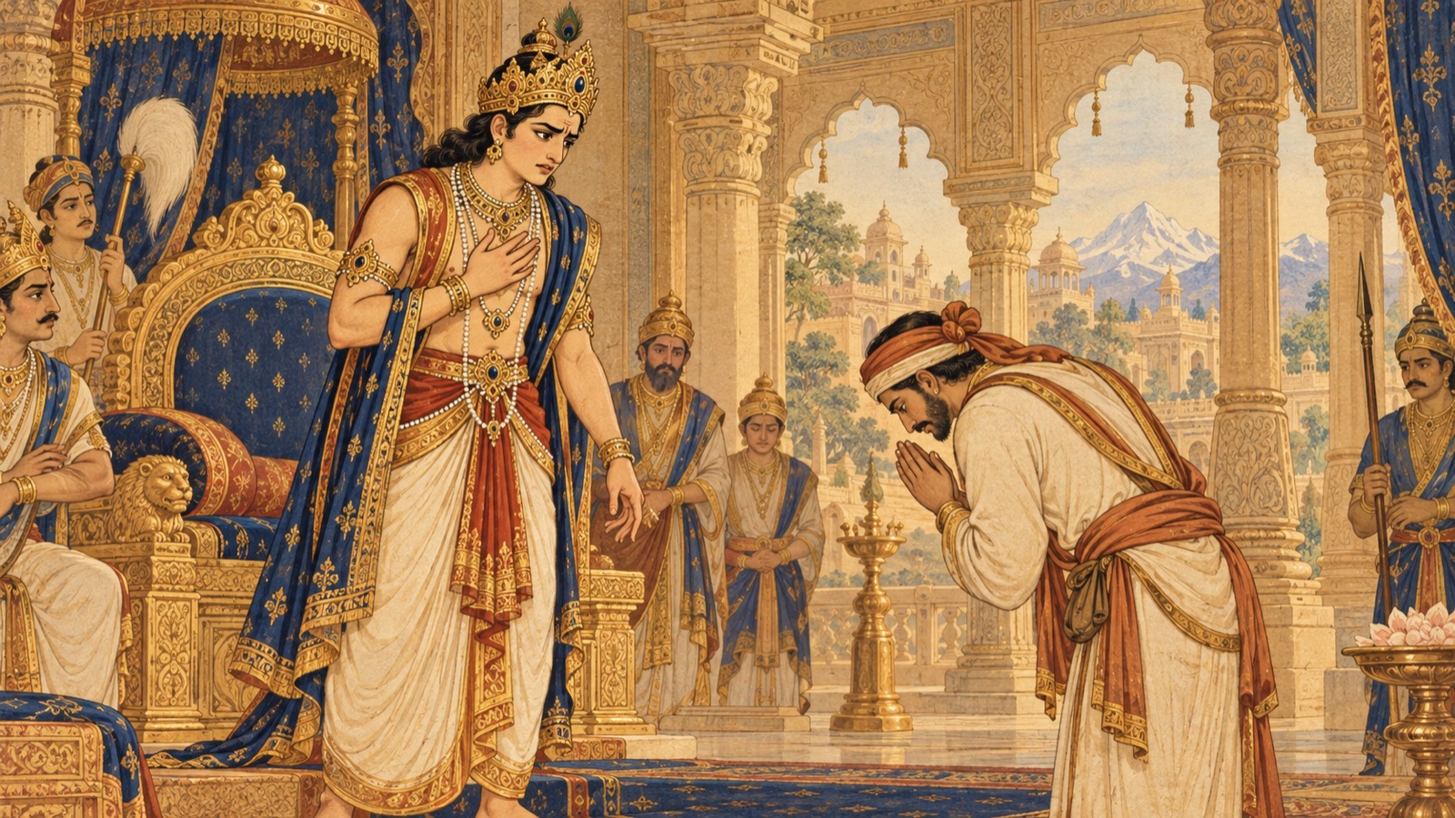 The young king Dhruva stricken with grief and anger on hearing that his brother Uttama has been slain