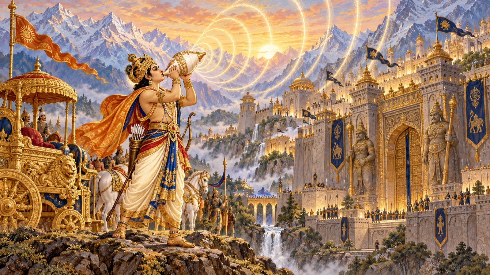Dhruva blowing his conch at the gates of Alakapuri, the city of the Yakshas in the Himalayan valley
