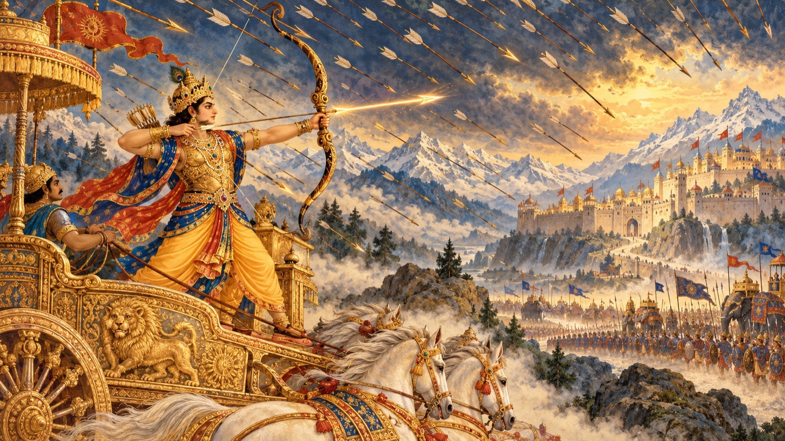 The steadfast Dhruva drawing his bow amid a shower of weapons as his arrows fly against the Yakshas