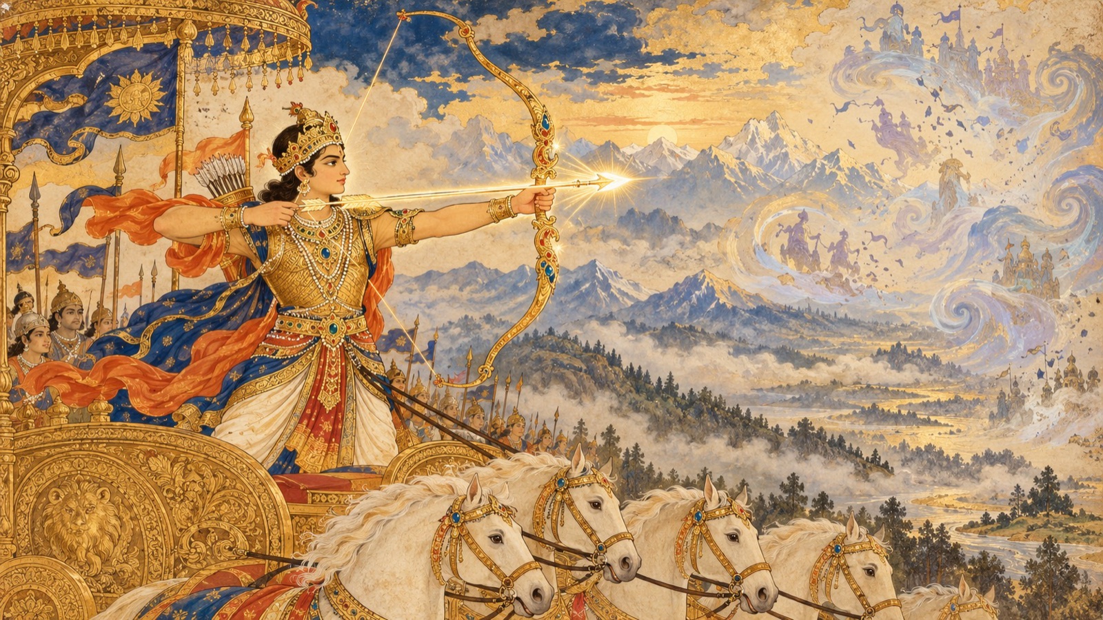 Dhruva fixing the mighty Narayana weapon to his bow as the battle against the Yakshas blazes up
