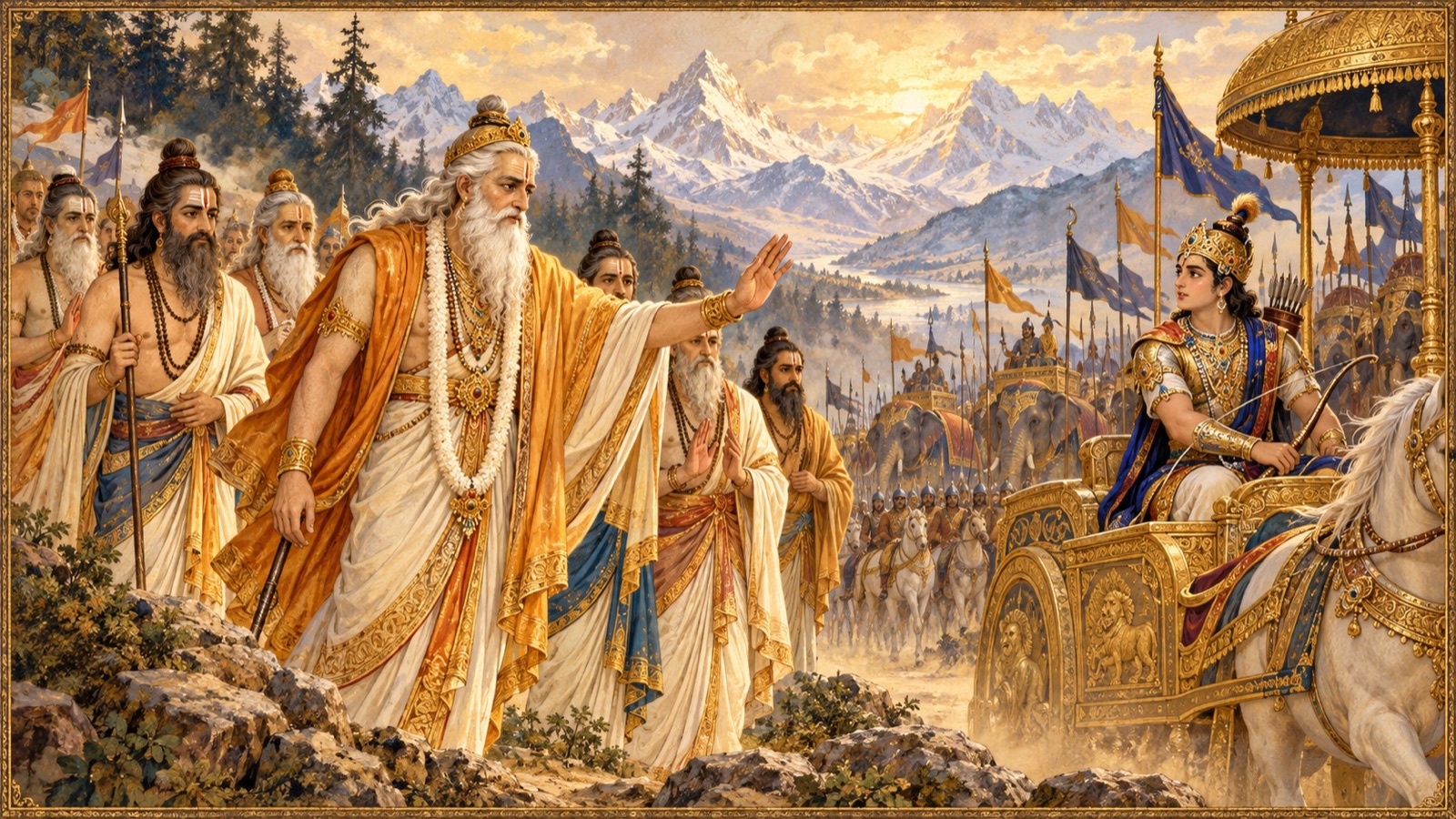 Svayambhuva Manu arriving with the sages at the battlefield to counsel the young king Dhruva