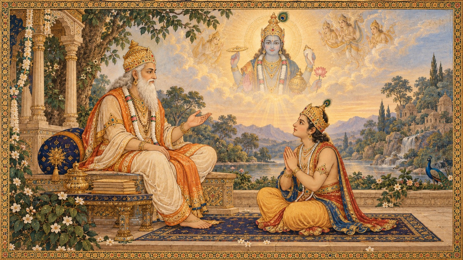 Svayambhuva Manu teaching Dhruva that devotion, not vengeance, cuts the knot of ego