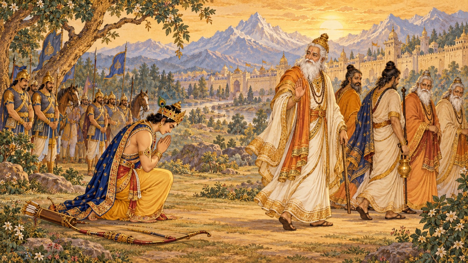 Dhruva laying down his anger and bowing in humility as Manu and the sages depart in peace