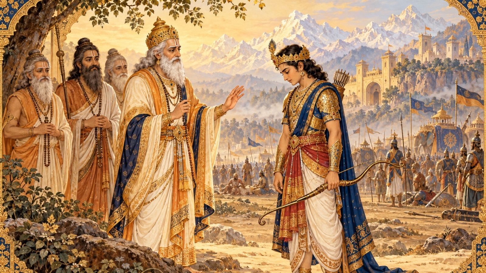 Svayambhuva Manu with the sages gently counseling his grandson Dhruva on the battlefield to cease fighting