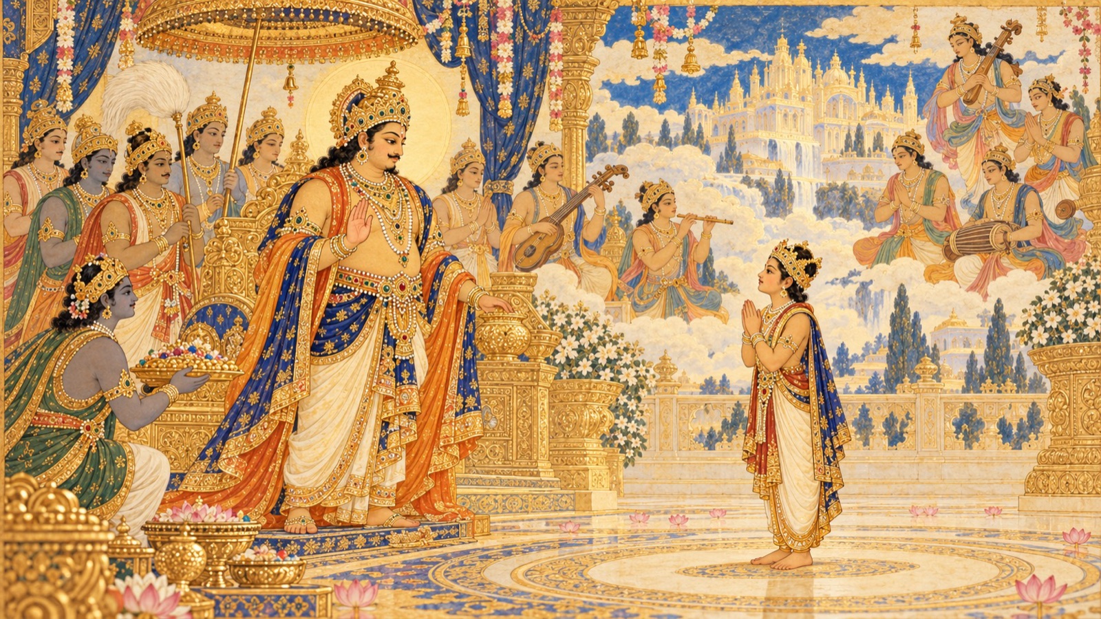 Kubera, the lord of wealth, appearing glorified by celestial bards and offering the young king Dhruva a boon
