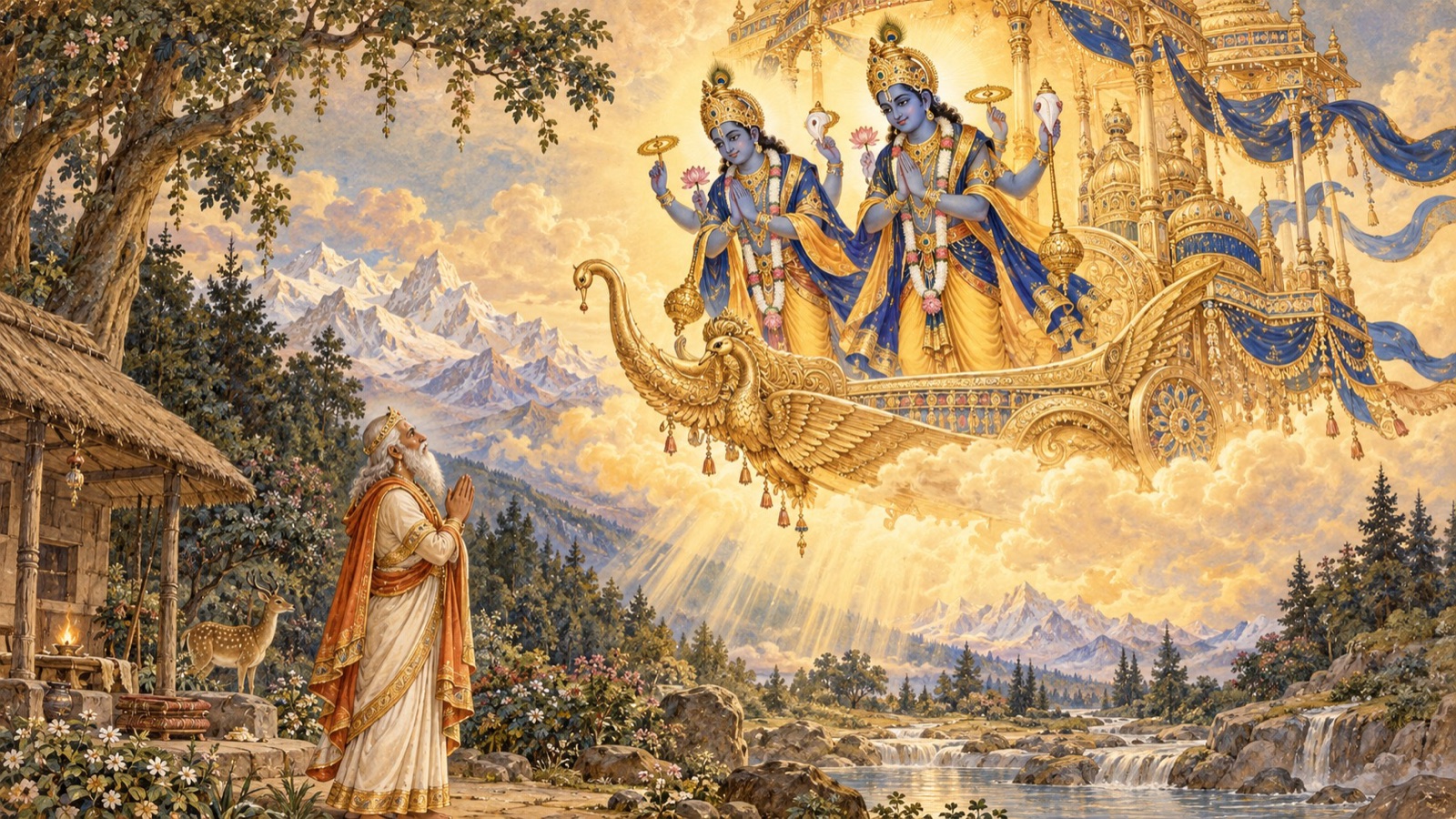 Two luminous four-armed messengers of the Lord descending in a celestial chariot to invite Dhruva home