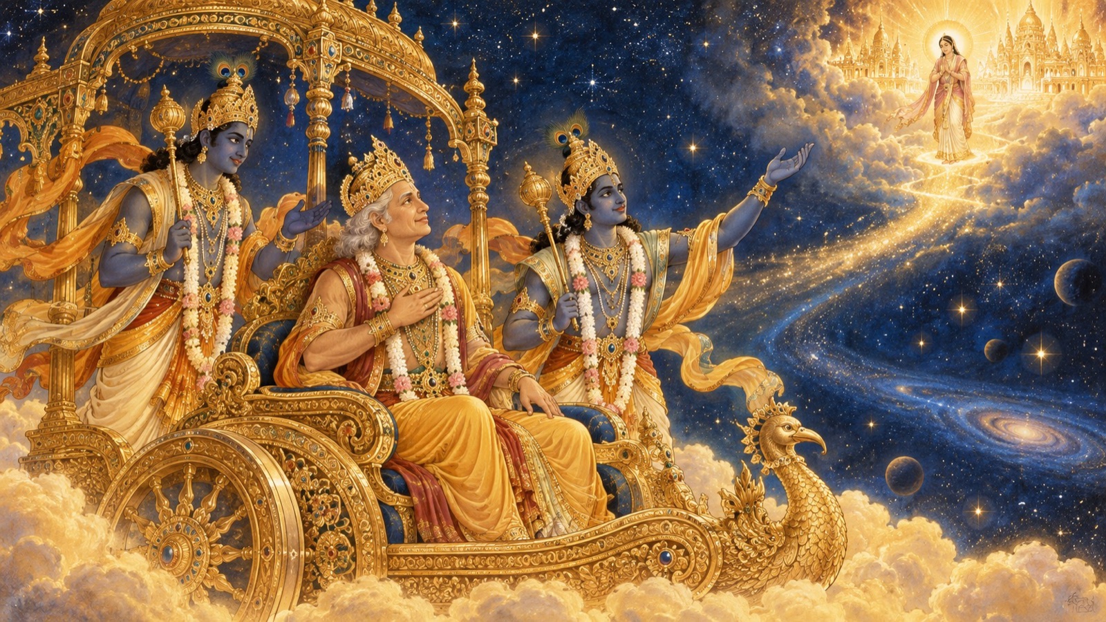 Dhruva at the threshold of heaven remembering his mother Suniti as the Lord's messengers reassure him