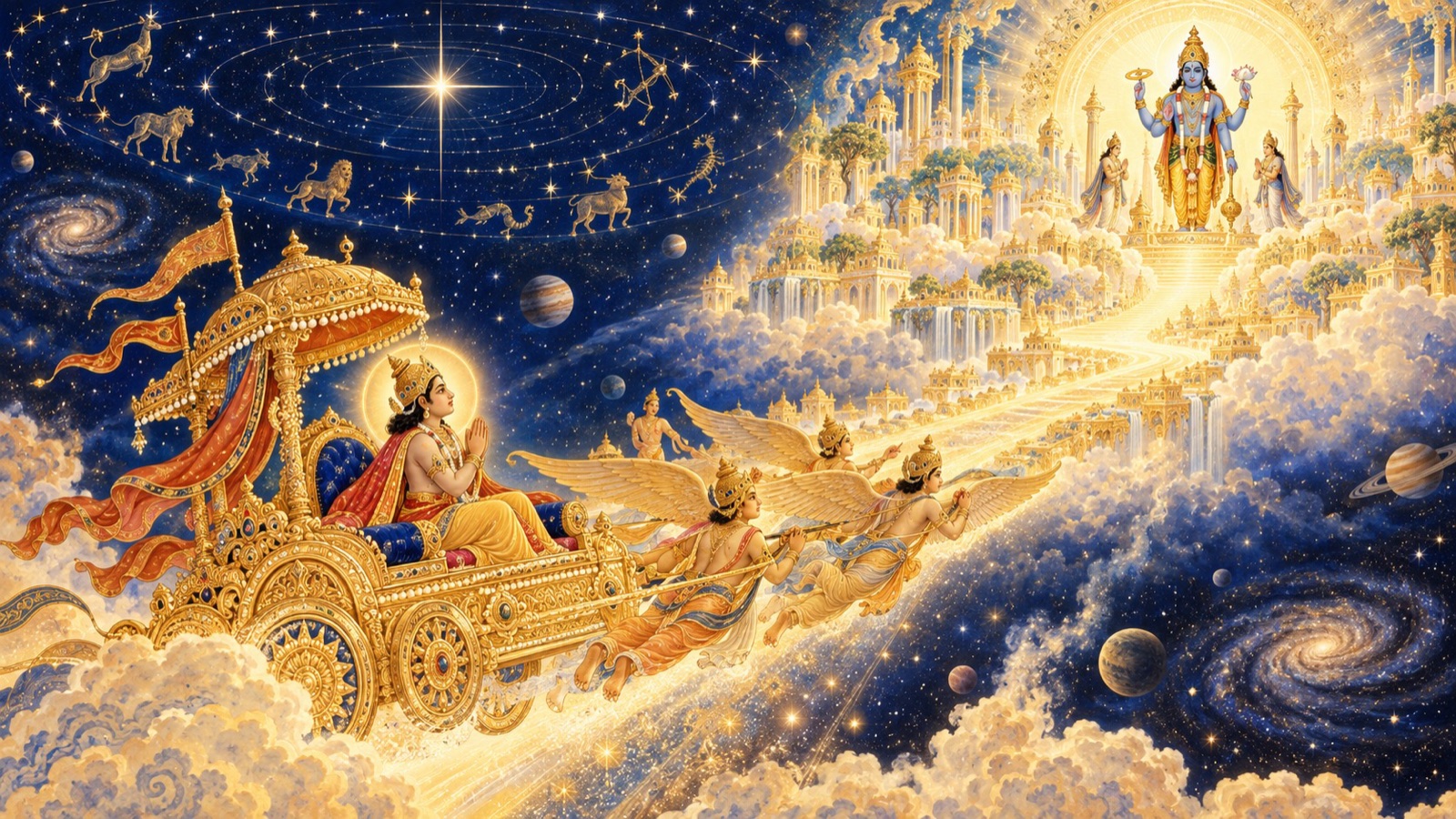 Dhruva seated in a radiant celestial chariot ascending past the stars toward the eternal abode of Lord Vishnu