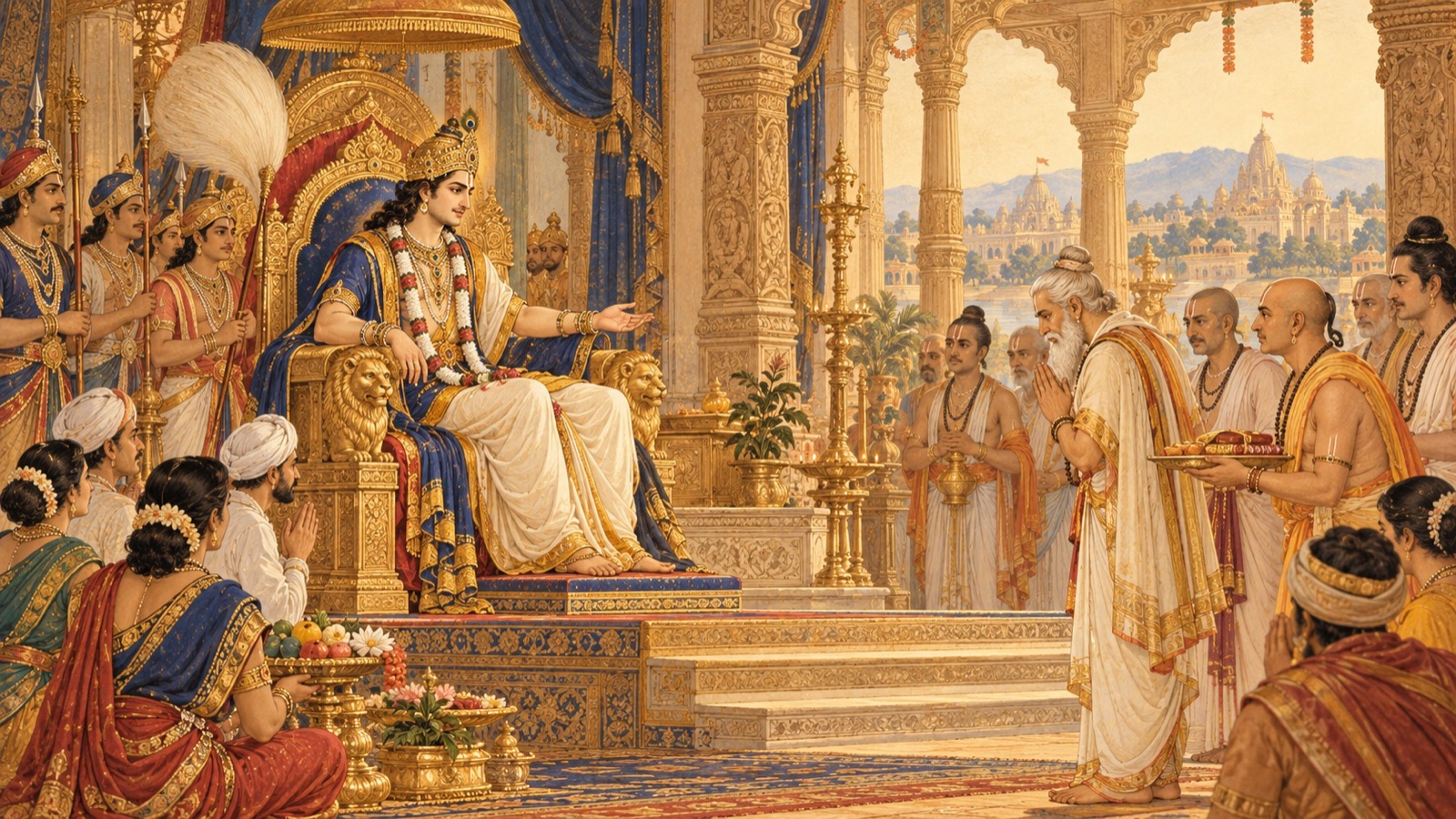 The saintly King Anga enthroned, self-controlled and beloved of his people