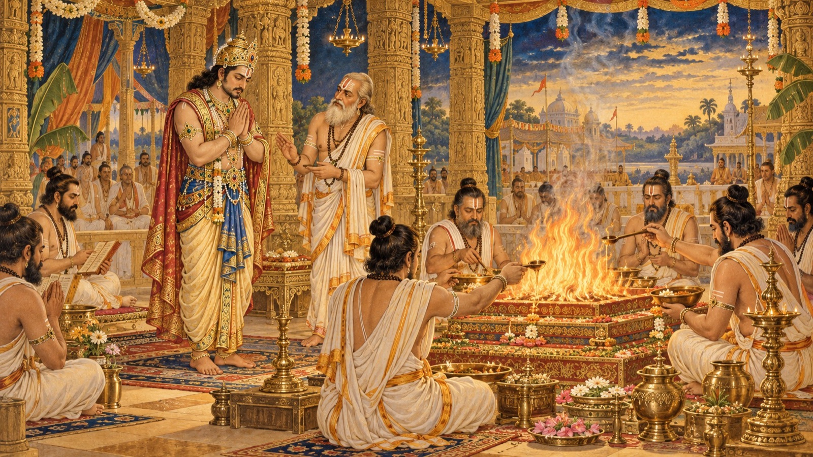 King Anga performing a great sacrifice for a son as the priests counsel him