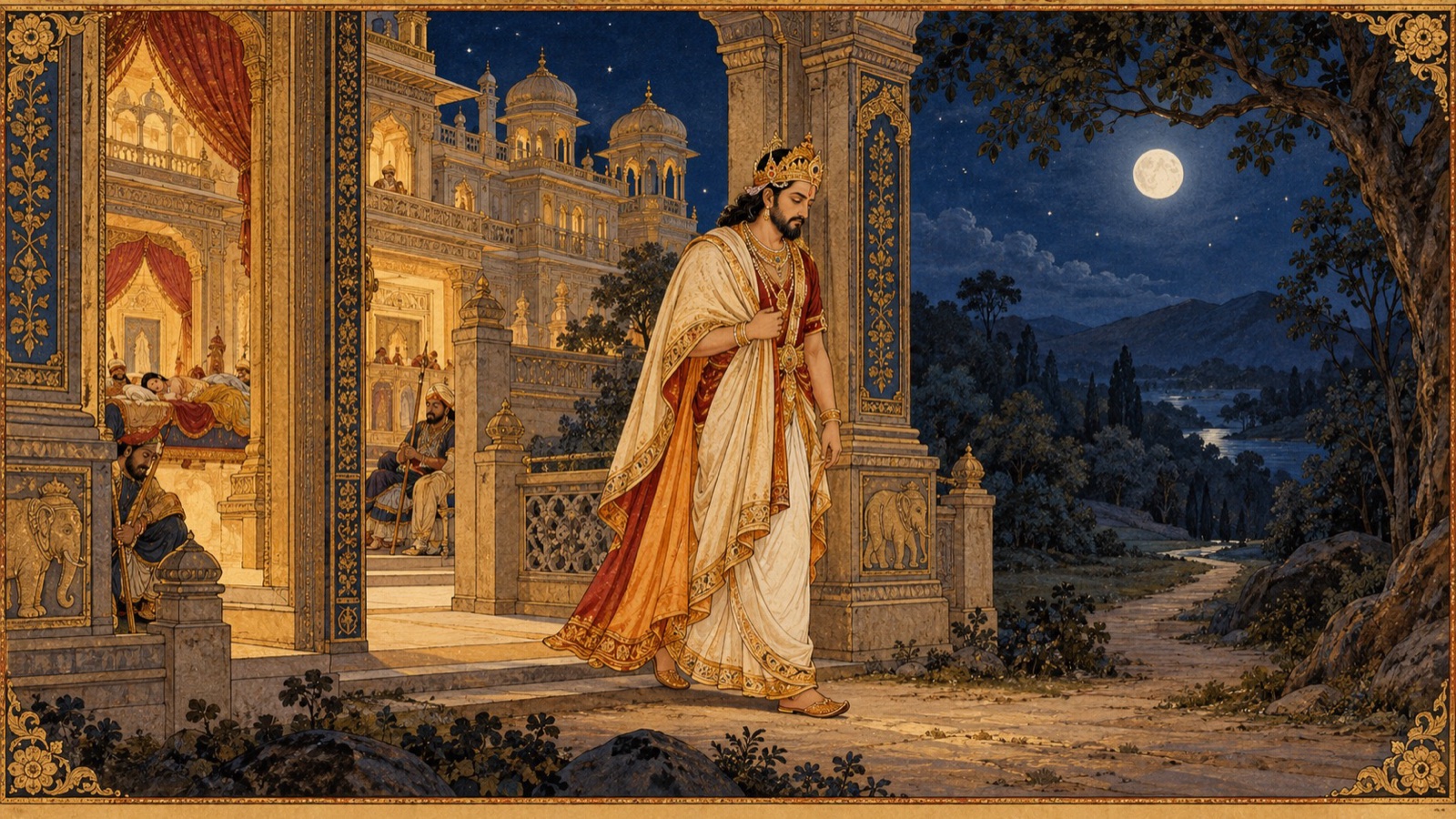 The saintly King Anga rising at midnight and leaving his palace alone to renounce the world
