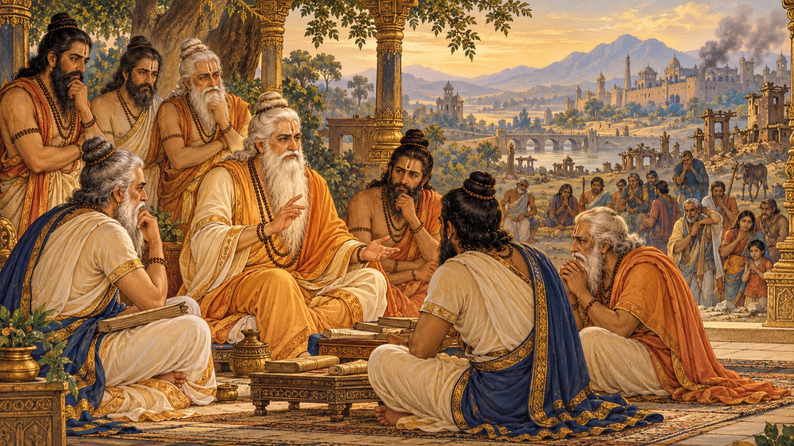महर्षि नेतृहीन प्रजा को अराजकता में गिरता देख चिन्तित परामर्श में एकत्र होते हुए
