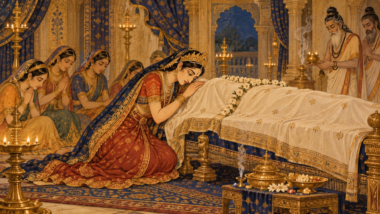 वेन की माता सुनीथा अपने पुत्र की मृत्यु के शोक में उसके शरीर को विद्या-योग से सुरक्षित रखती हुई