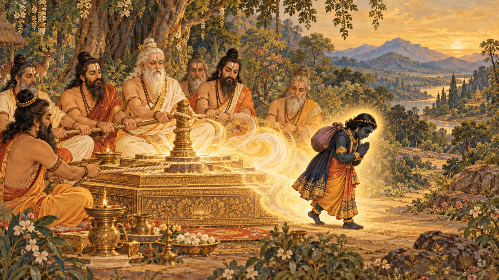 The sages churning the body of the dead king, from which a dark figure arises to carry away Vena's sin
