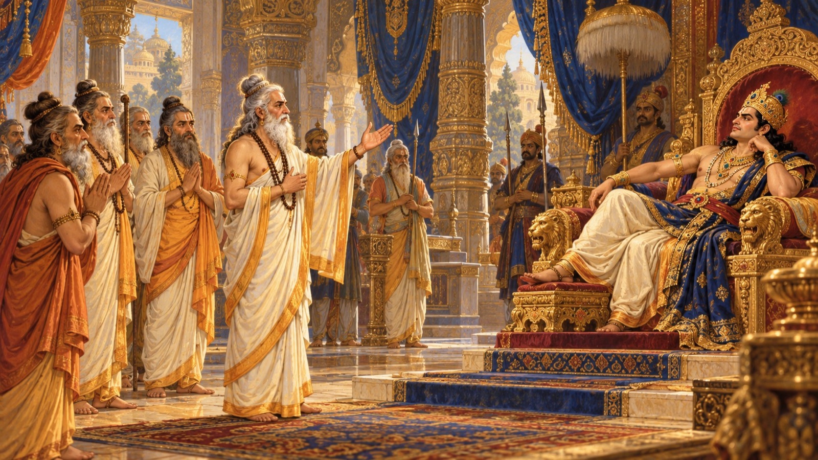The great sages standing before the proud King Vena on his throne, appealing to him to rule by righteousness