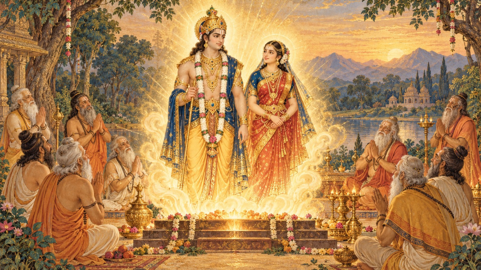 A radiant couple arising from the churning of the purified body as the sages recognize a descent of Vishnu