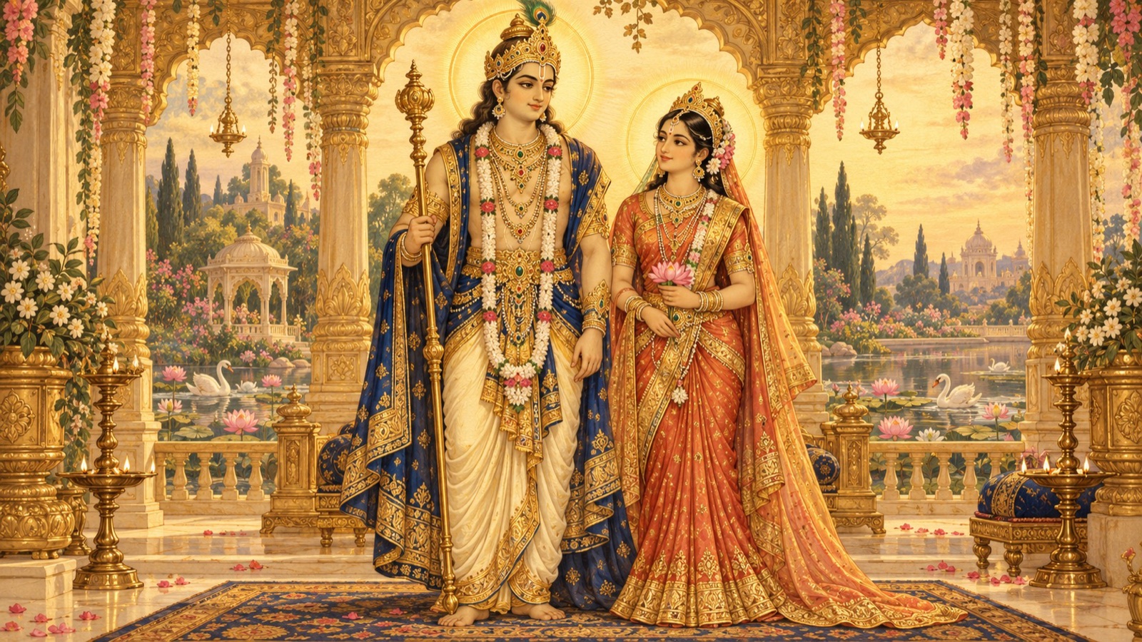 The radiant King Prithu standing with the beautiful Archi, a portion of the goddess Lakshmi