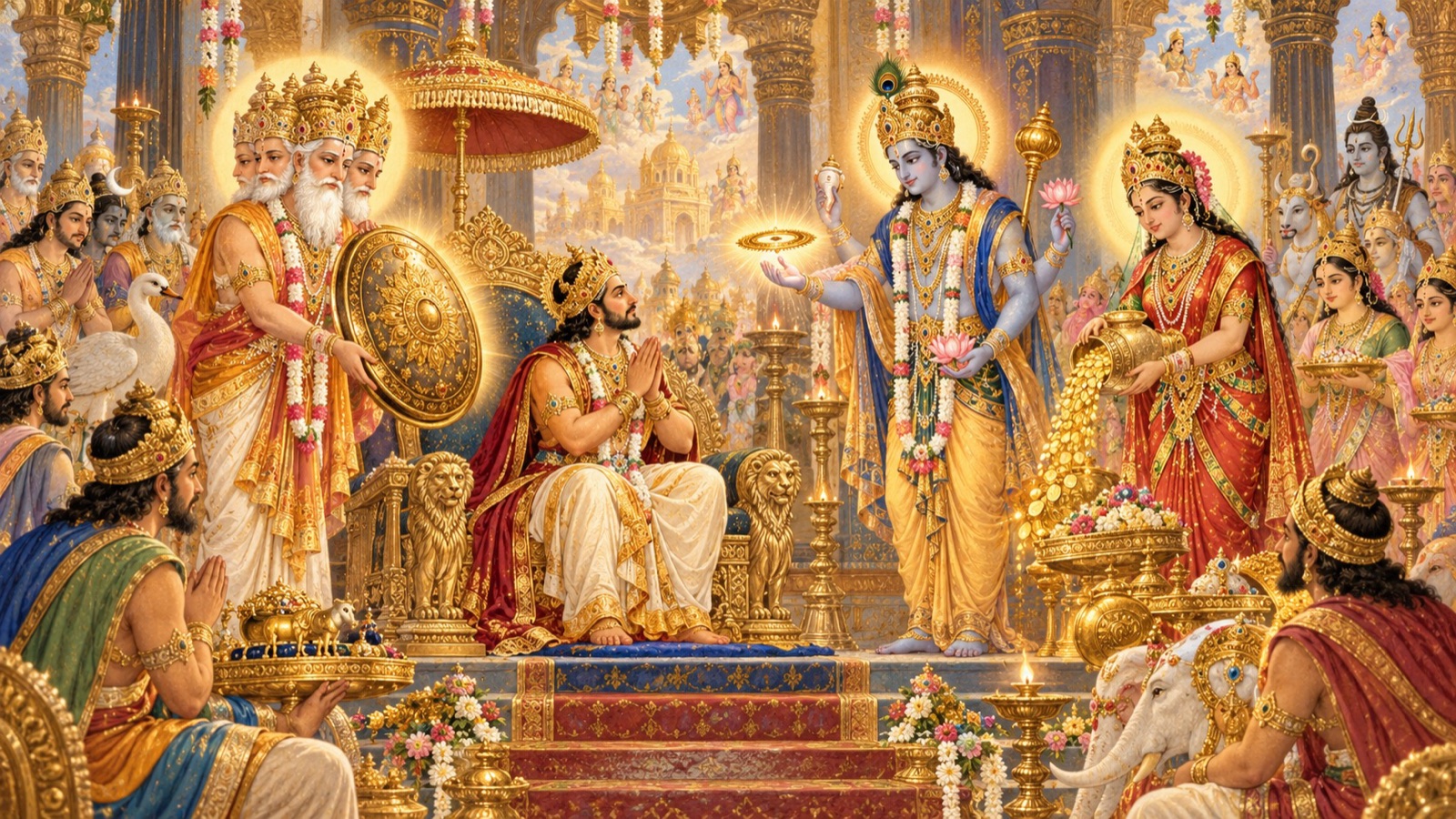 The demigods bestowing divine gifts upon King Prithu at his coronation