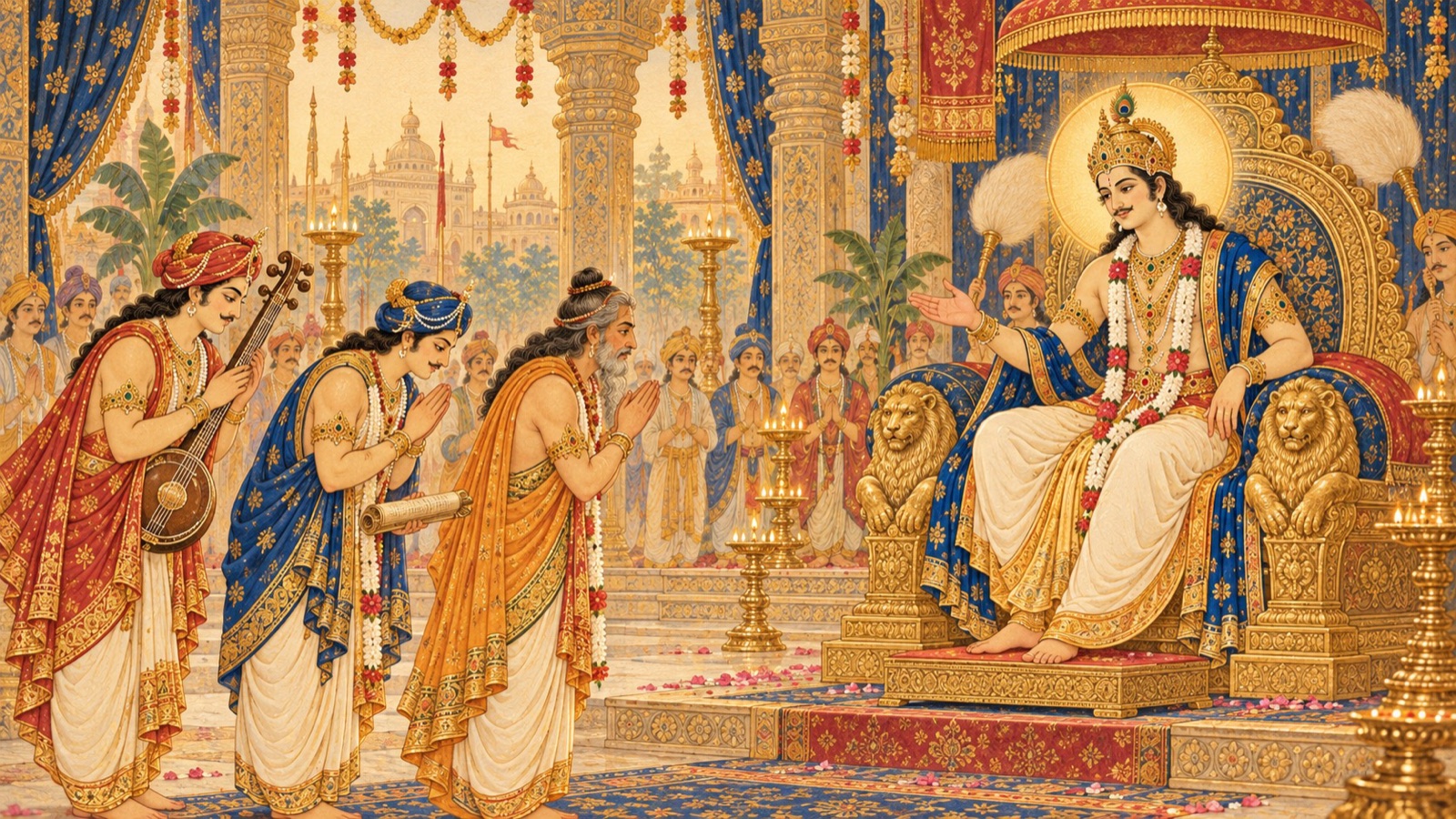 The celestial bards coming before the enthroned King Prithu to sing his glories
