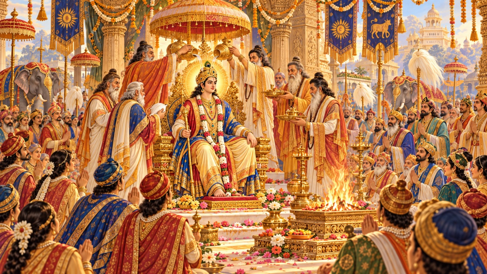 The radiant King Prithu, a descent of Sri Hari, crowned emperor amid the joy of sages and people