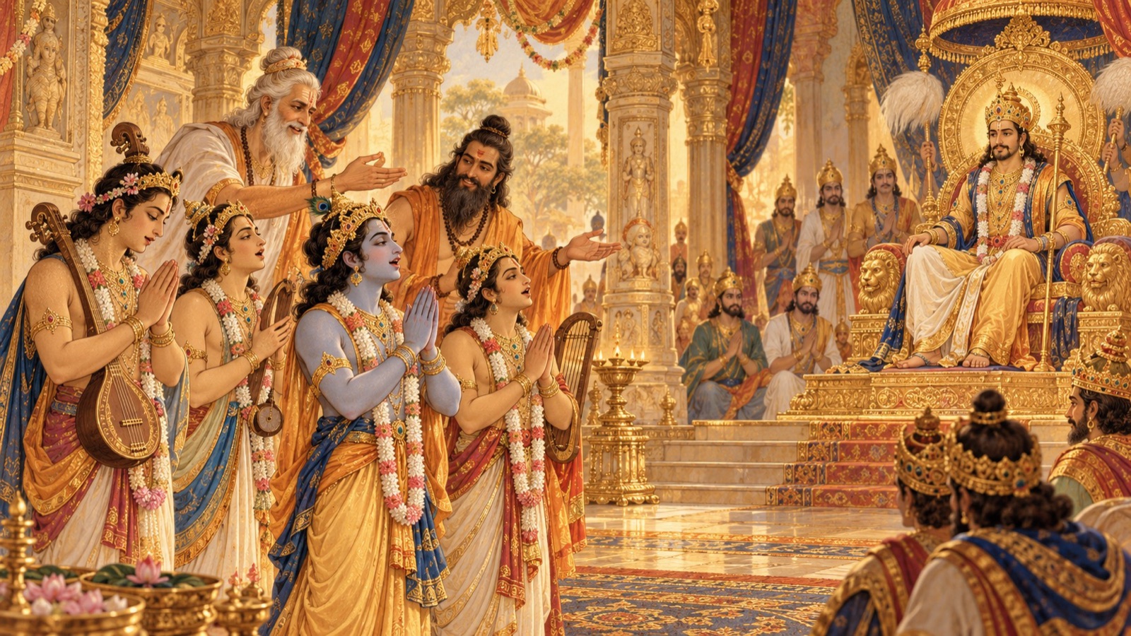 The celestial bards beginning their song of praise before King Prithu at the urging of the sages