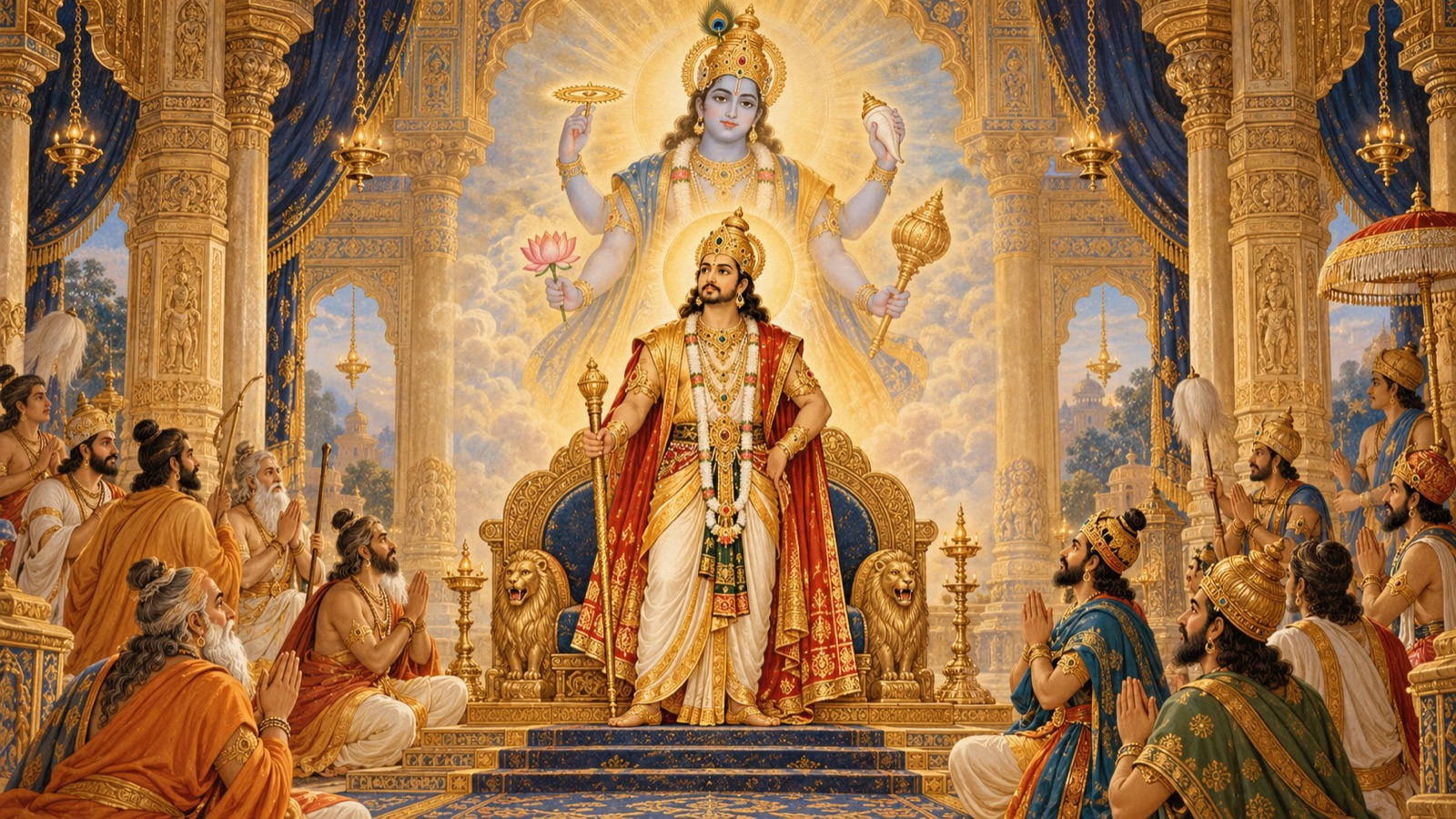 King Prithu revealed as the Lord descended in a portion of His power, master of the three worlds