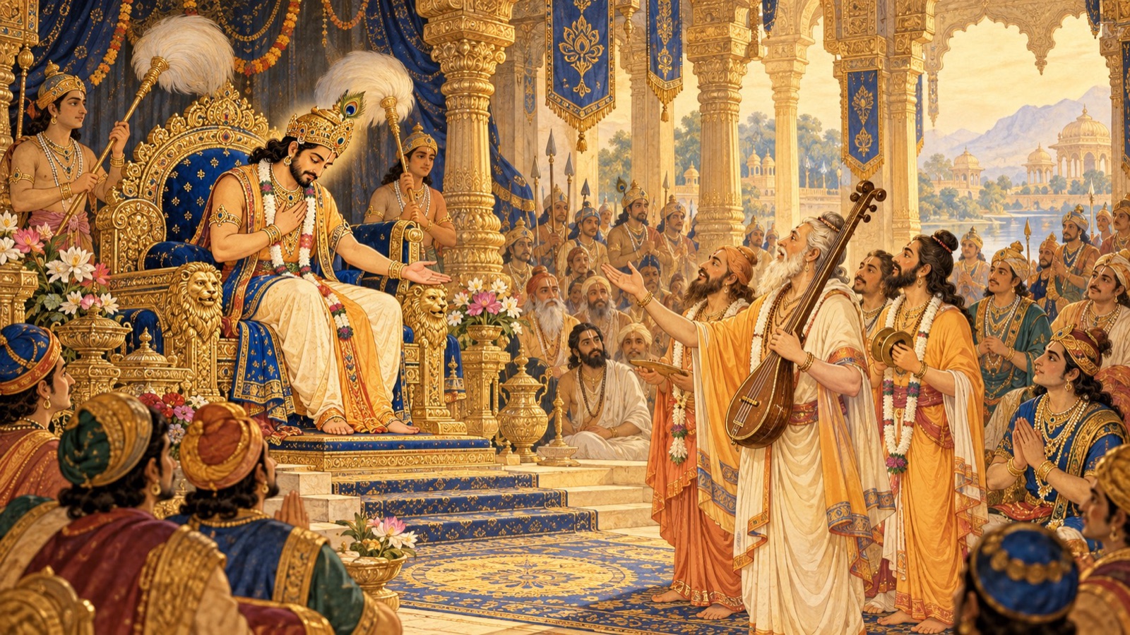 The emperor Prithu listening to his praise with humility, honouring the bards