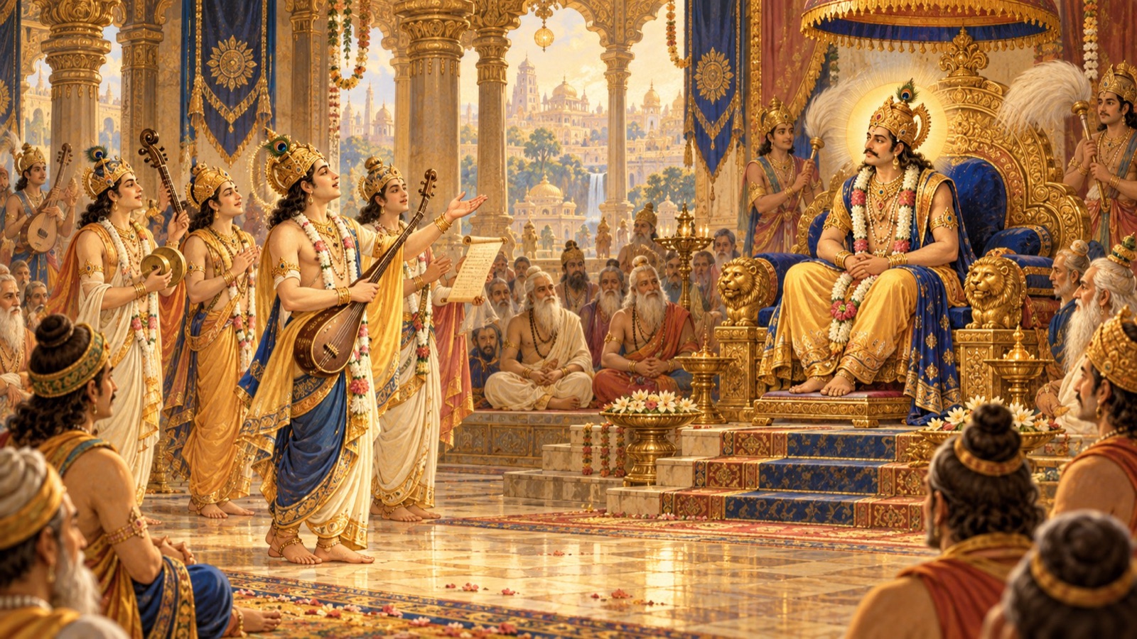 The celestial bards singing before the enthroned King Prithu, who listens with humility