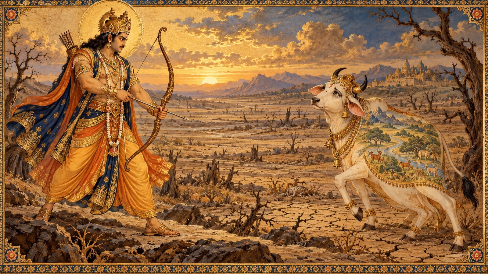 राजा पृथु अपने धनुष के साथ पृथ्वी देवी का सामना करते हुए, जो गोरूप में भागती है