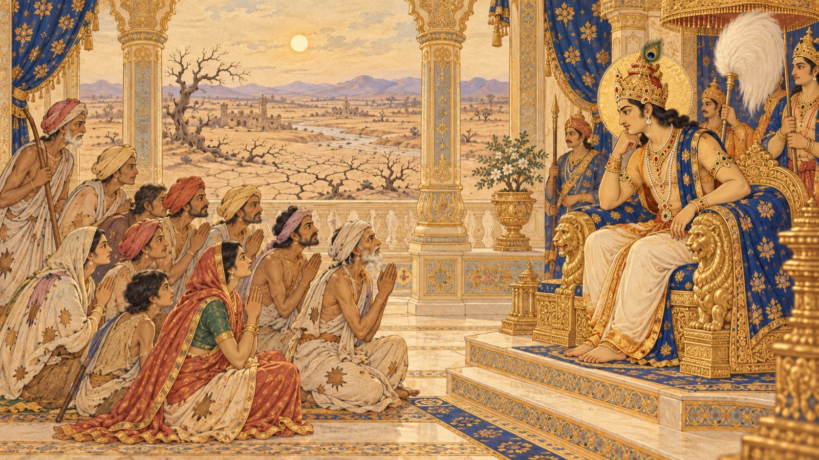 The starving people, wasted with hunger, coming before King Prithu to plead for relief in a famine