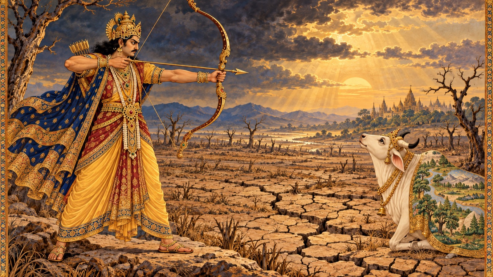 King Prithu taking up his great bow in righteous anger against the Goddess Earth