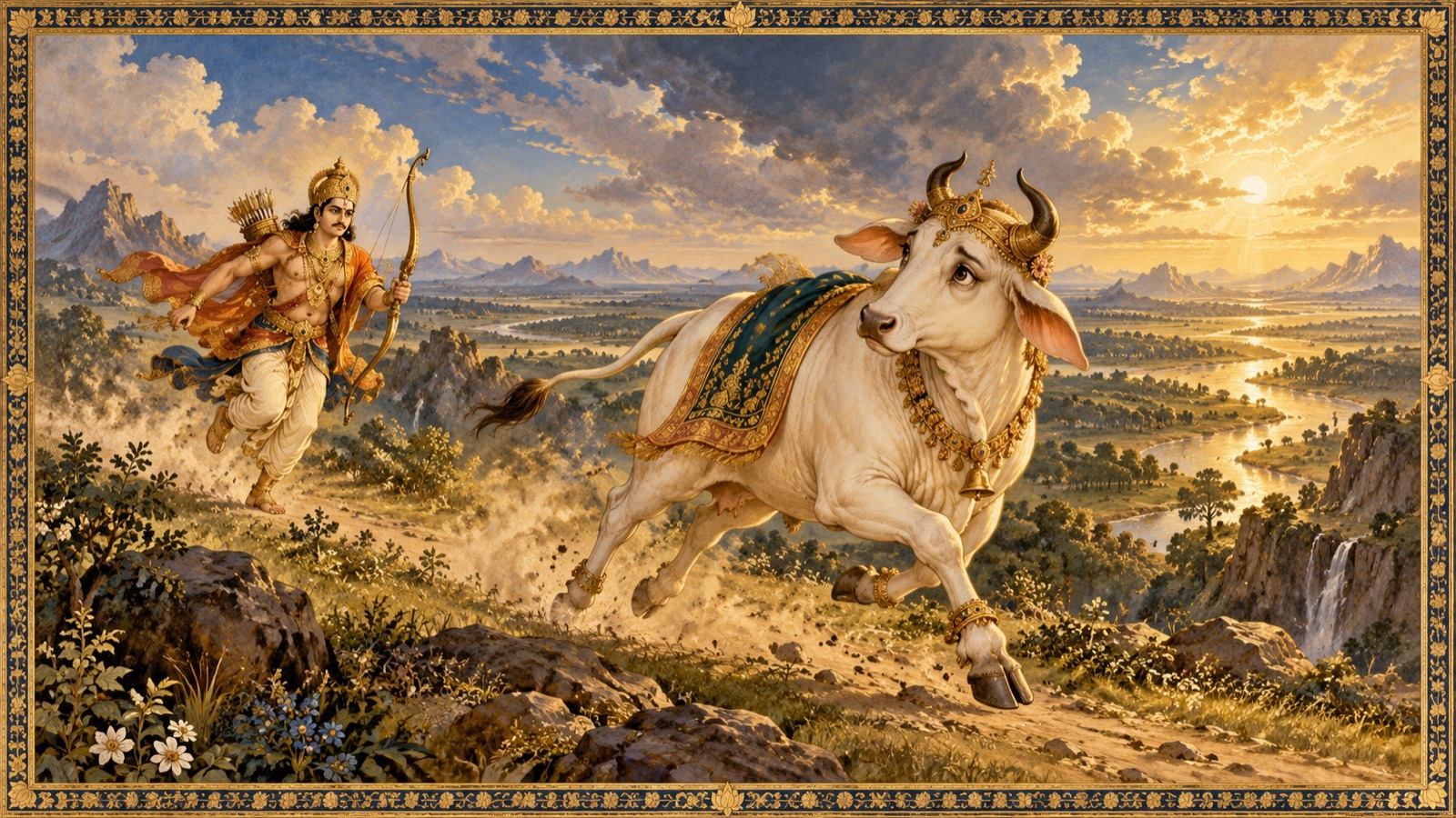 The Goddess Earth taking the form of a cow and fleeing across the worlds from the pursuing Prithu