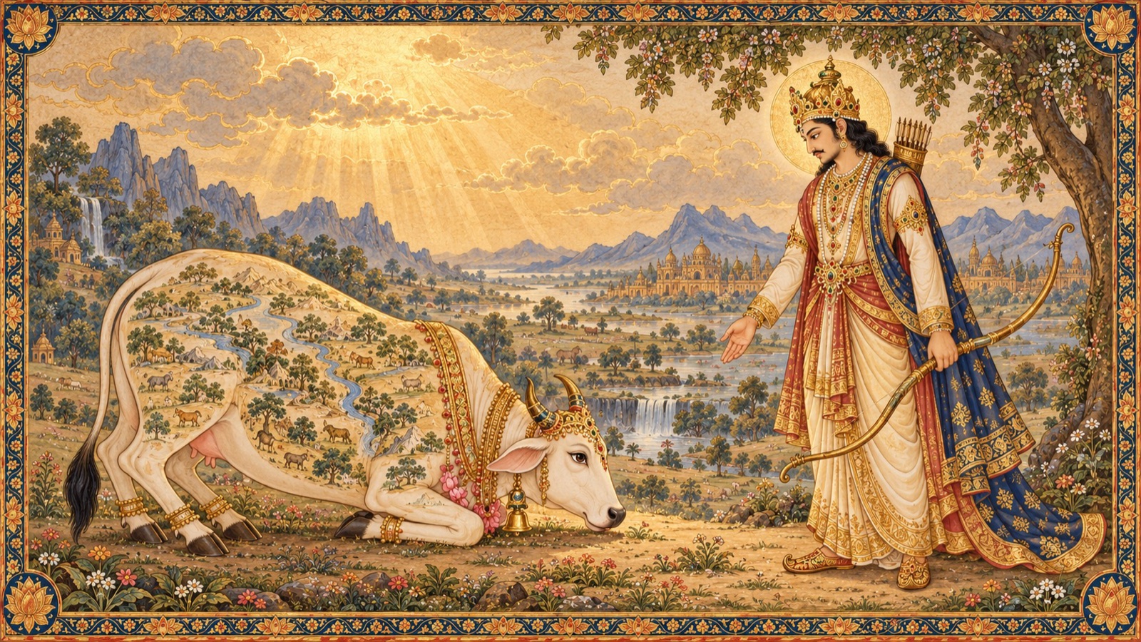 The cow-Earth turning, bowing, and extolling King Prithu as the Supreme Lord himself