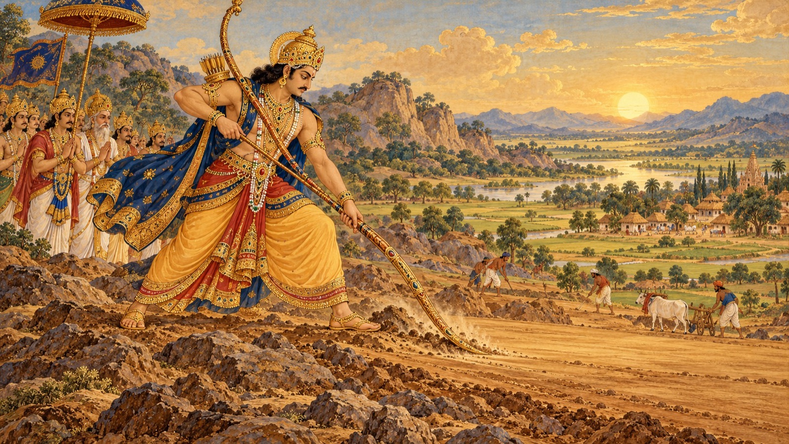 King Prithu leveling the rough surface of the earth with the tip of his bow for cultivation