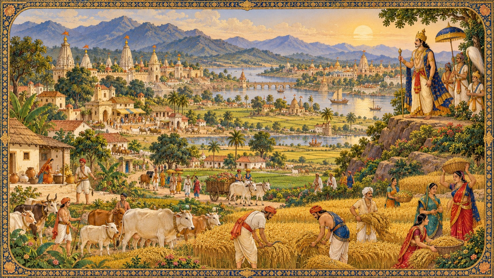 The levelled, fertile earth blossoming with fields, villages, and thriving towns under Prithu's rule