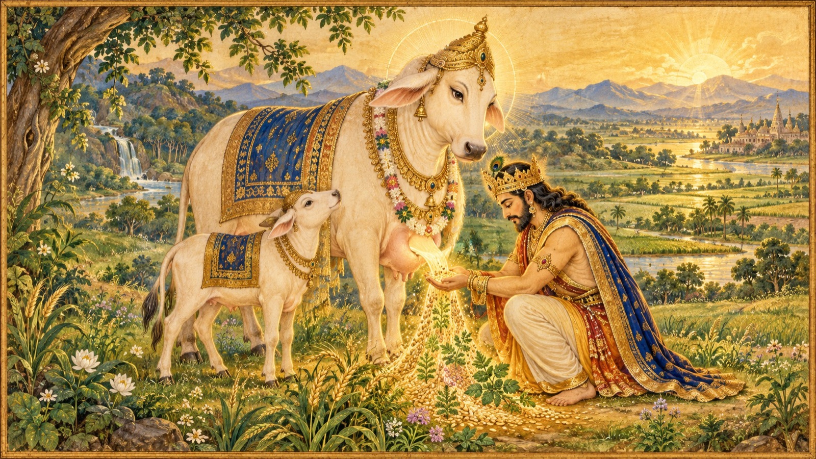 King Prithu milking the Earth in the form of a cow, with Svayambhuva Manu as the calf, drawing forth grains