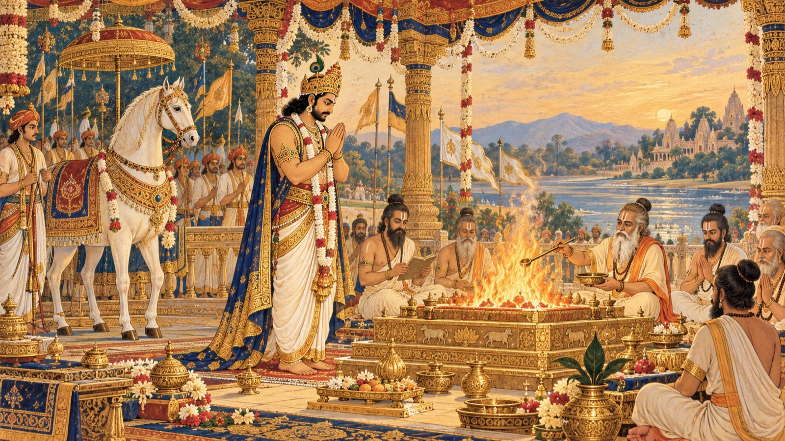 राजा पृथु अपने भव्य अश्वमेध यज्ञ में ऋत्विजों के मन्त्रोच्चार के बीच पवित्र अग्नि में आहुति देते हुए