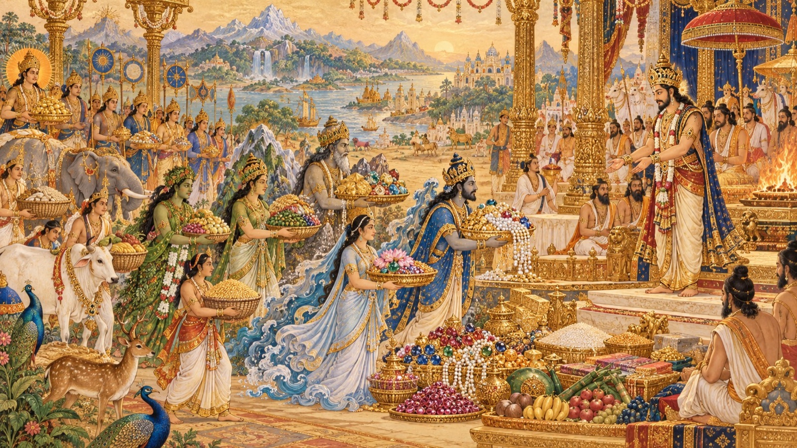 The oceans, mountains, and all the worlds bringing tribute of jewels and food to Prithu's sacrifice