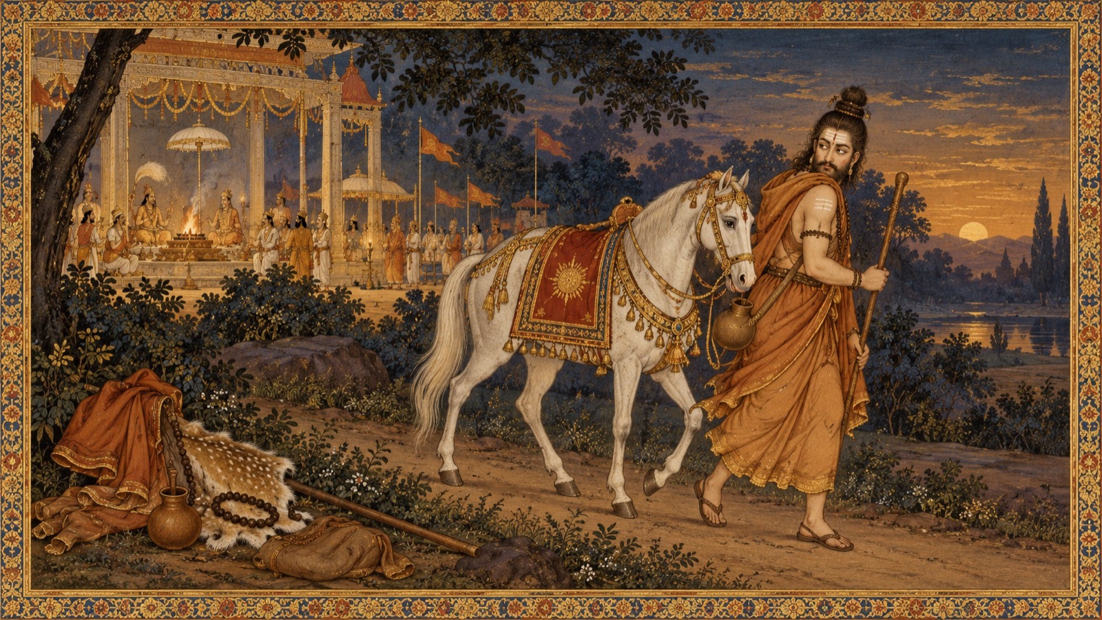 Indra in disguise secretly carrying off Prithu's sacrificial horse to obstruct the rite