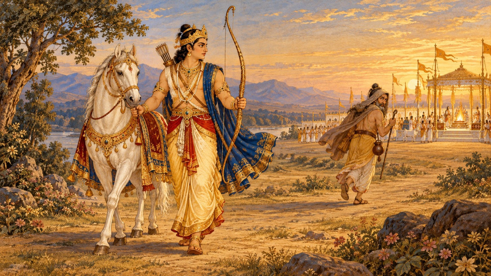 Prithu's son Vijitashva pursuing the disguised Indra and recovering the sacrificial horse