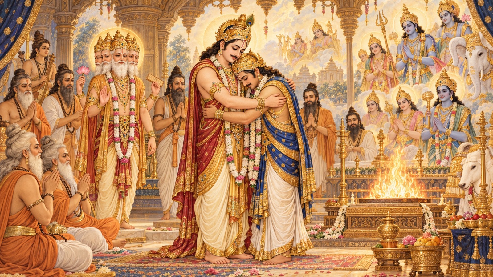 Prithu reconciled with Indra at the sages' word, the sacrifices completed with blessings
