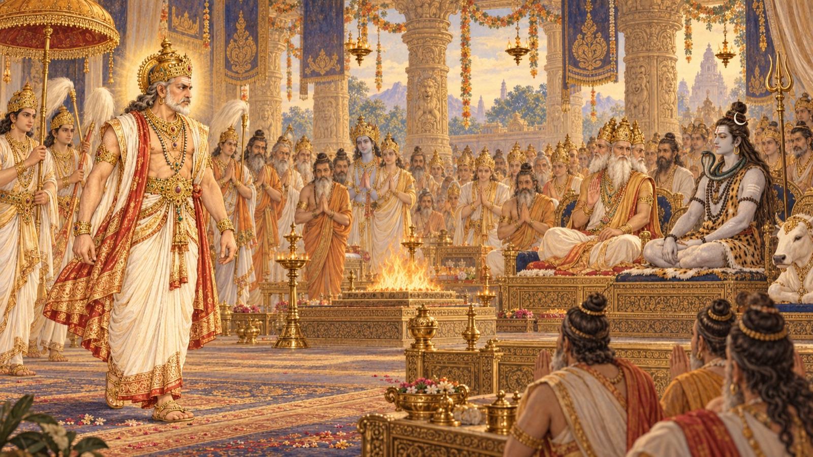 The radiant Daksha entering the sacrificial assembly of the Prajapatis as sages and gods rise to honour him